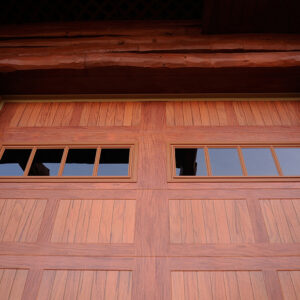 Wooden garage doors with window panels